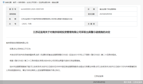 益上线 因未按合同约定向投资者披露信息，南京硕明投资被监管警示